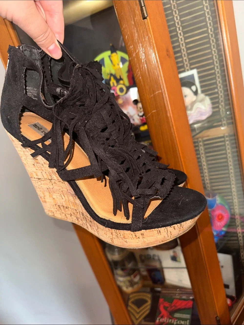 Not Rated Black Suede Fringe Cork Wedge Sandals